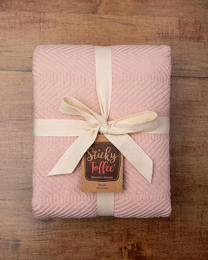 Sticky Toffee Cotton Throw Blanket 60x50 in – Woven Lightweight Blush Pink Blanket for Couch or Bed, Soft Herringbone Weave, Boho Farmhouse Style