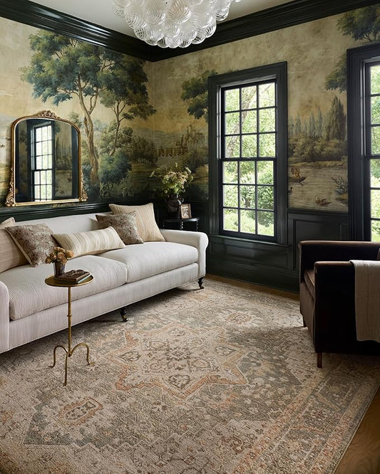 Loloi Chris Loves Julia Palma Collection PLM-08 Olive/Spice 5'-3" x 7'-6" Fringe Area Rug Vintage Style Boho Living Room Bedroom Carpet