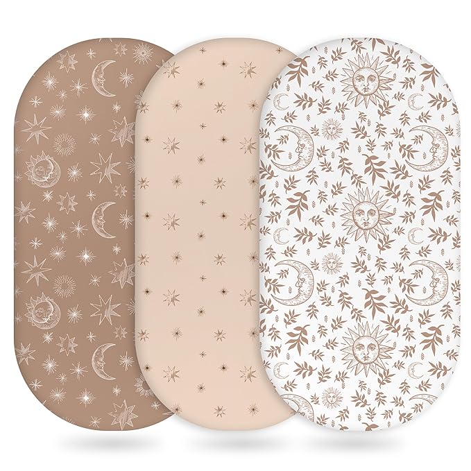 Baby Bassinet Sheets Girl Boy, Fitted Bassinet Sheet Set 3 Pack Bassinet Mattress Sheets Universal Fit for Rectangle, Round, Oval, Hourglass Mattress, Soft Breathable White Brown Sun God