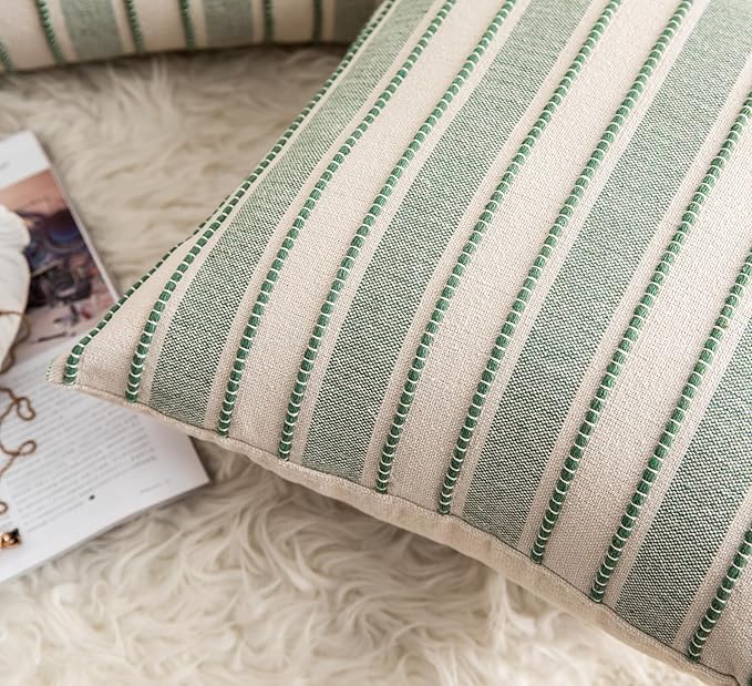 Decorative Boho Throw Pillow Covers, Farmhouse Textured Pillow Case, 22 x 22 Inch Set of 2, Chair Sofa Bedroom Living Room Home Decor Couch Cushion Case, Green and Beige Striped