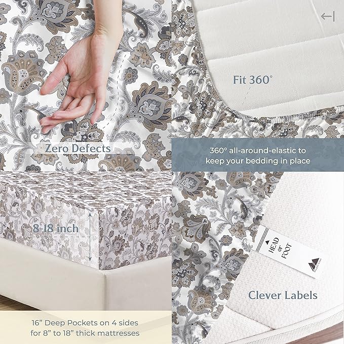 Mayfair Linen 100% Cotton Printed Bed Sheets Twin XL Set - 500 Thread Count Cotton Twin XL Sheets Only, 3 PC Set (Floral Ivory), Soft, Cooling, Sateen Weave 16" Deep Pocket Dorm Room Bedsheet