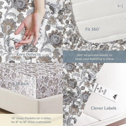 Mayfair Linen 100% Cotton Printed Bed Sheets Full Size Set - 500 Thread Count Cotton Sheets for Full Size Bed, 4 PC Set (Floral Ivory), Cooling, Sateen Weave Hotel Quality 16" Deep Pocket Bedsheet