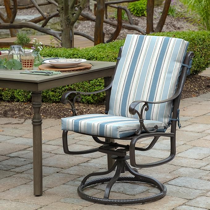 Arden Outdoor Midback Chair Cushion, 18 x 16.5, Rain-Proof, Fade Resistant French Blue Linen Stripe