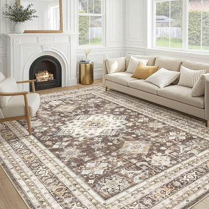 Vintage Living Room Area Rug 10x12 - Large Soft Washable Oriental Traditional Distressed Farmhouse Rugs for Bedroom - Indoor Floor Accent Carpet for Home Office House Decor - Dark Brown