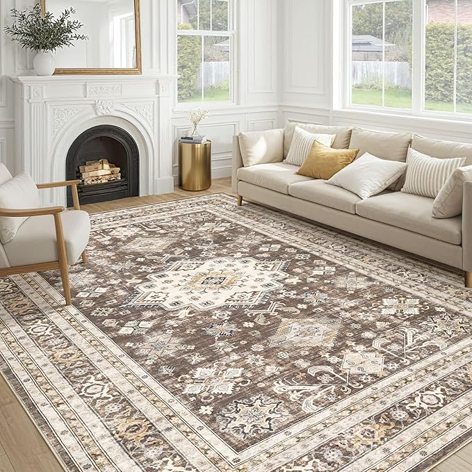 Vintage Living Room Area Rug 10x14 - Large Soft Washable Oriental Traditional Distressed Farmhouse Rugs for Bedroom - Indoor Floor Accent Carpet for Home Office House Decor - Dark Brown