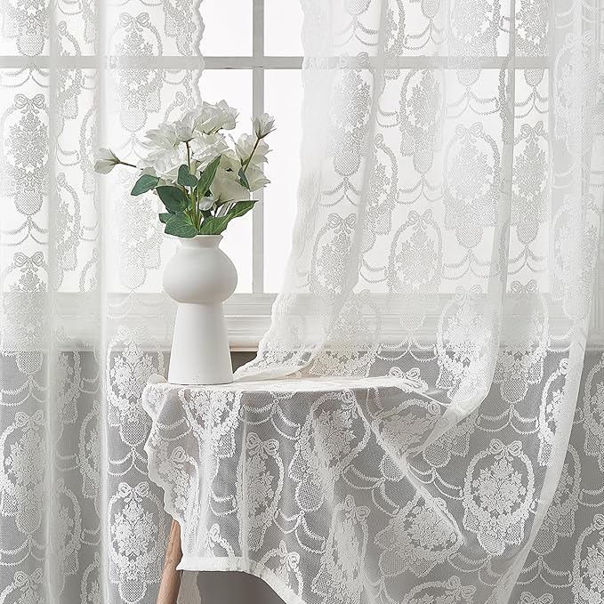 Bright White Vintage Country Floral Lace Sheer Curtains 63 Inches Long -Rod Pocket Light Filtering French Privacy Scalloped Edges Rod Pocket Boho Bedroom ，52 x 63 Inch, 2 Panels