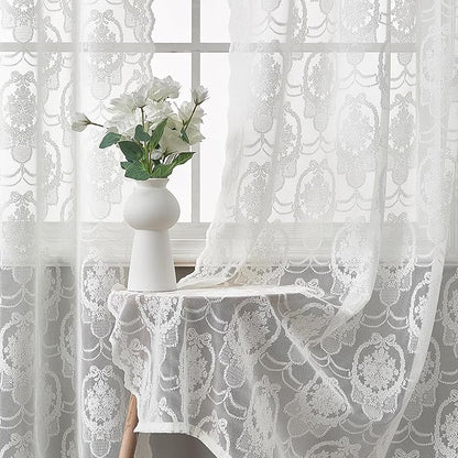 Bright White Vintage Country Floral Lace Sheer Curtains 84 Inches Long -Rod Pocket Light Filtering French Privacy Scalloped Edges Rod Pocket Boho Bedroom ，52 x 84 Inch, 2 Panels