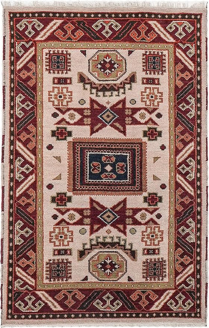 Hand Knotted Wool & Silk ECO-Friendly Oriental Area Rugs - 8'x10', Rectangle Shape, Cream Burgundy Color, Classic Oriental Traditional, Medium Pile Handmade Area Rugs (AF0102)