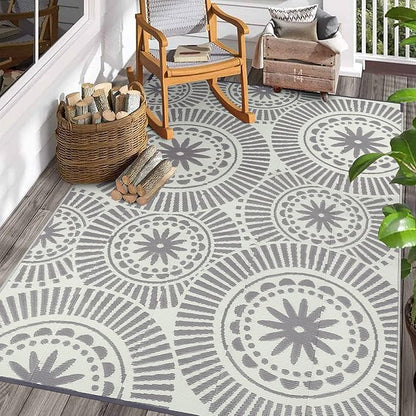 Ileading Reversible Plastic Outdoor Rug Modern Geometric Style Patio Straw Mat Waterproof Deck Carpets Non Shedding Portable Area Rugs for RV Beach Backyard Outside Pool Picnic Camping(6'x9'Grey)
