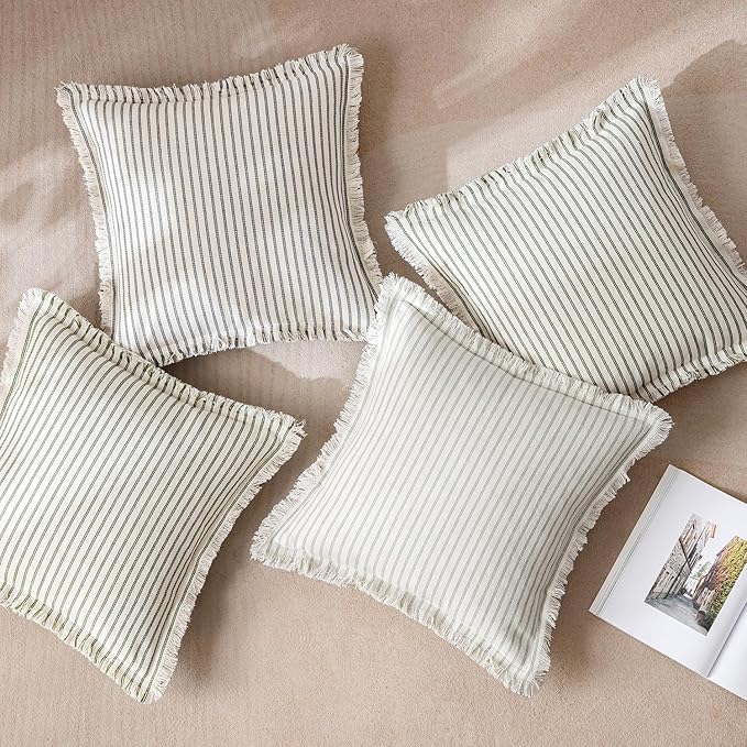 MIULEE Pack of 2 Olive Green Christmas Pillow Covers 22x22 Inch Striped Farmhouse Couch Throw Pillow Covers with Fringe Chic Linen Decorative Cushion Covers for Sofa Living Room Bed Outdoor Home Decor