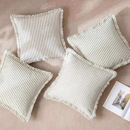 MIULEE Pack of 2 Olive Green Christmas Pillow Covers 24x24 Inch Striped Farmhouse Couch Throw Pillow Covers with Fringe Chic Linen Decorative Cushion Eruo Sham for Sofa Room Bed Outdoor Home Decor