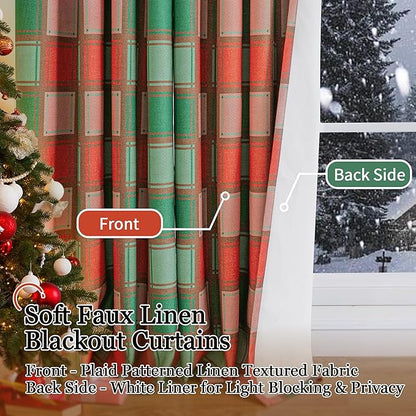 Christmas Curtains for Living Room 84 Inches Long - Plaid Patterned Linen Blackout Curtains, Gingham Printed Drapes for Bedroom Winter Decor Thermal Insulated 52x84 Inch 2 Panels, Red Green