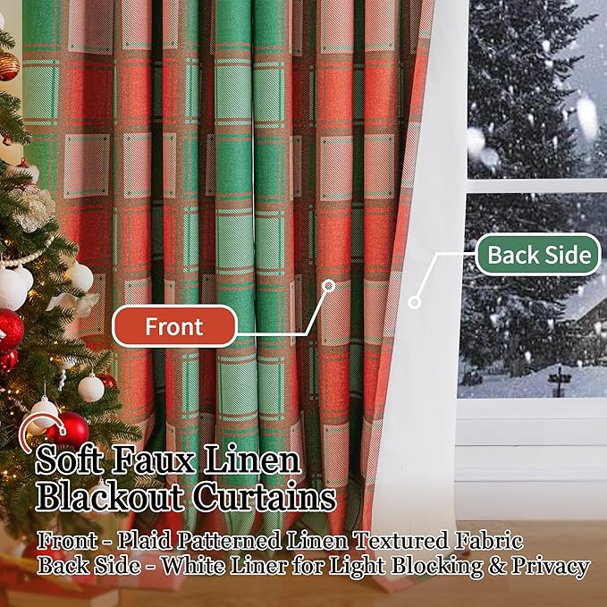 Plaid Christmas Curtains for Living Room 63 Inch Long - Boho Linen Blackout Curtains for Winter, Gingham Printed Drapes Patterned Thermal Drapes for Bedroom 52x63 Inch 2 Panels, Red Green