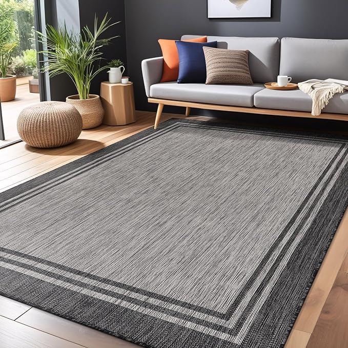 Bordered Outdoor Rug 6x9 Washable Outside Carpet for Indoor Patio Porch Waterproof Easy Cleaning Non Shedding Area Rugs Dark Gray 6 x 9