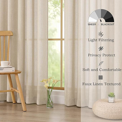 Simplebrand Natural Semi Sheer Faux Linen Textured 120 Inches Long Curtains 2 Panels Set, Privacy Farmhouse Window Drapes for Living Room/Birthday Party/Hallway Window Guest Room, 10FT, 50 x 120 Inch