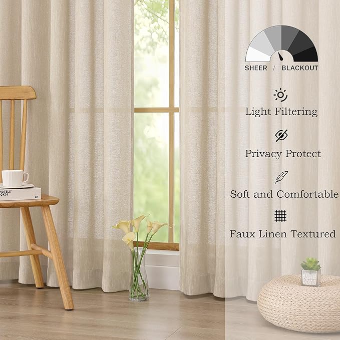 Simplebrand Natural Semi Sheer Faux Linen Textured Curtains 54 Inch Length 2 Panels Set, Rod Pocket Farmhouse Short Curtain Drapes for Dinning Small Windows Bathroom Bedroom, Each 40Wx54L in, Natural