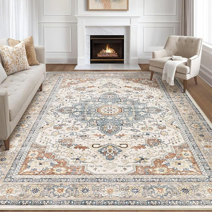 10x13 Area Rug Living Room: Washable Boho Large Neutral Vintage Soft Rugs Stain Resistant Distressed Farmhouse Non-Slip Indoor Floor Carpet for Bedroom Nursery Kids Office Dining Room- Beige Blue
