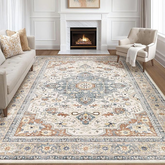10x13 Area Rug Living Room: Washable Boho Large Neutral Vintage Soft Rugs Stain Resistant Distressed Farmhouse Non-Slip Indoor Floor Carpet for Bedroom Nursery Kids Office Dining Room- Beige Blue