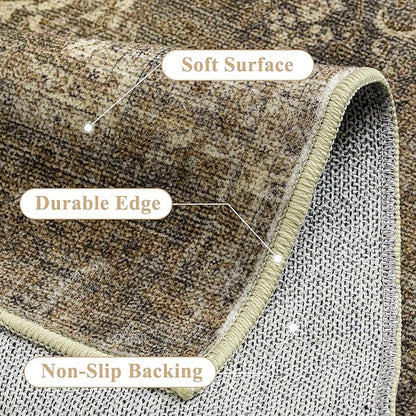 Vintage Area Rug 9x12 Washable Brown Living Room Carpet Large Indoor Non Slip Bedroom Low Pile Kitchen Distressed Retro Accent Throw Rug for Dining Room