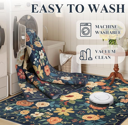 DUKINO 2x8 Runner Rug for Hallway, Washable Kitchen Runner Rug with Rubber Backing Non Slip, Low Pile Soft Boho Floral Thin Carpet for Entryway, Hallway, Bathroom, Laundry Room, Navy Blue
