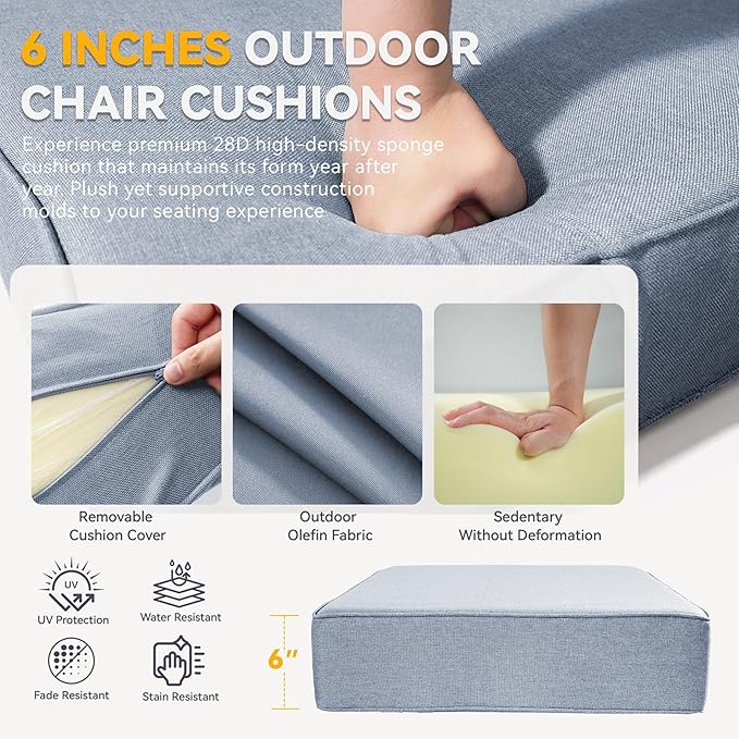 6" Thick Outdoor Chair Cushions - 24"* 24" Patio Furniture Cushions with Water Resistant & Removable Cover, 28D High Density Sponge Patio Cushion for Outdoor Furniture Couch Chair Baby Blue