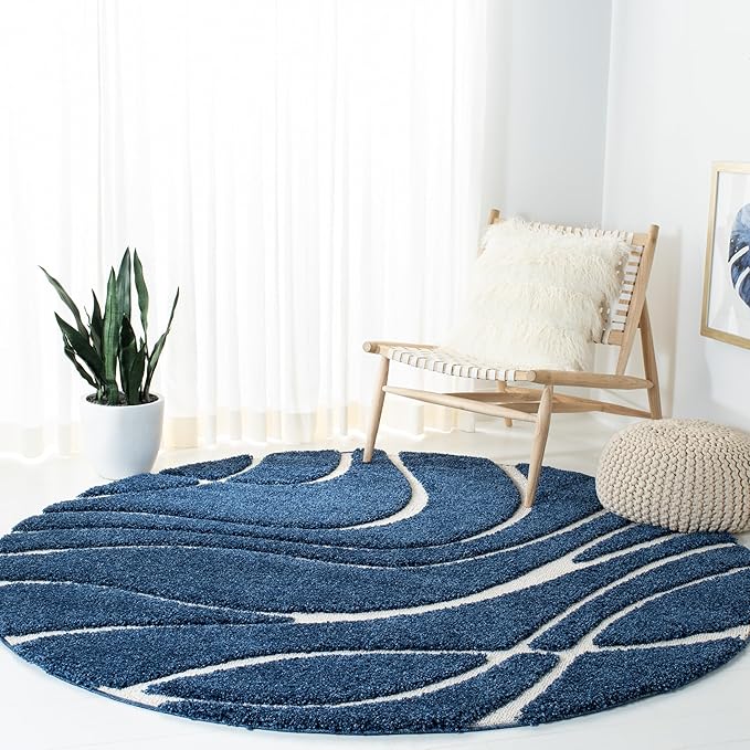 SAFAVIEH Florida Shag Collection Area Rug - 4' Round, Navy & Ivory, Non-Shedding & Easy Cleaning, Plush Thick Pile, Ideal for Living Room, Bedroom, Dining Space (SG471-6512)