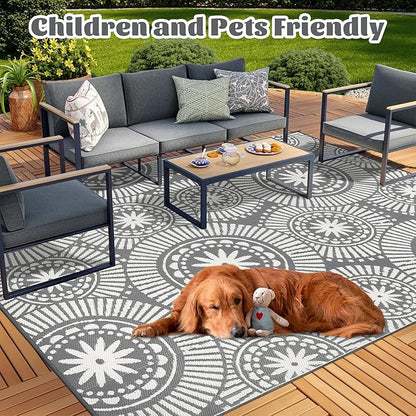 Ileading Large Plastic Outdoor Rug 9x12ft Modern Geometric Style Reversible Patio Area Rugs Waterproof Non Shedding Portable Carpets for Rv Outside Deck Pool Beach Picnic Camping (Grey)