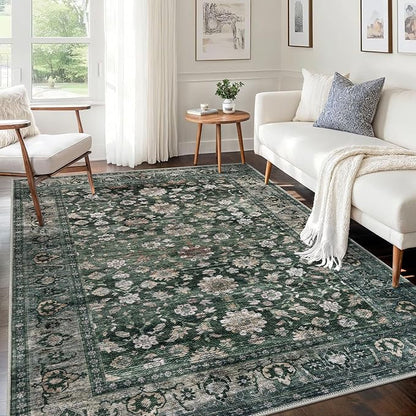 KUTA 5x7 Area Rugs Dark Green, Vintage Washable Rugs for Living Room Ultra Thin Soft Non-Slip Printed Distressed Tribal Traditional Farmhouse Carpet for Bedroom Dining Room Dorm Office Home