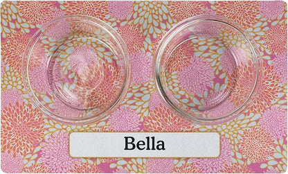 Drymate Personalized Pet Bowl Placemat, Custom Dog & Cat Food Feeding Mat - Absorbent Fabric, Waterproof Backing - Machine Washable/Durable (USA Made) (12" x 20") (Rejuvenation Pink Flowers)