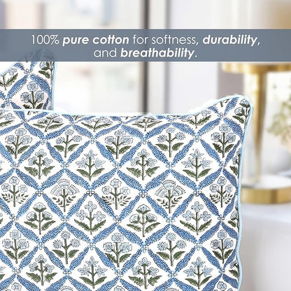 SheetKart Cotton Throw Pillow Covers - Set of 2 - Hand Block Cotton Printed Boho Decorative Pillow Covers - Cushion Covers for Living Room, Bohemian Theme, 17x17 Inches, Floral Blue