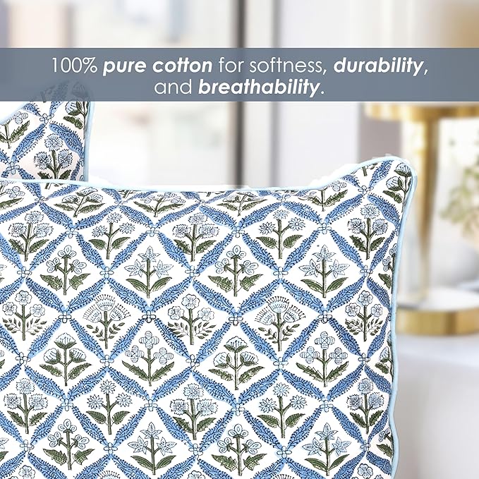 SheetKart Cotton Throw Pillow Covers - Set of 2 - Hand Block Cotton Printed Boho Decorative Pillow Covers - Cushion Covers for Living Room, Bohemian Theme, 19x19 Inches, Floral Blue