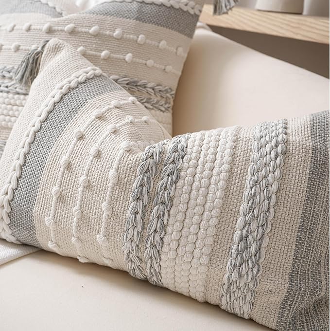 BlissBlush Gray Decorative Lumbar Pillow Cover 14x24, Grey Boho Long Body Pillow for Bed, Farmhouse Lumbar Throw Pillow for Couch, Modern Accent Textured Throw Pillowcase