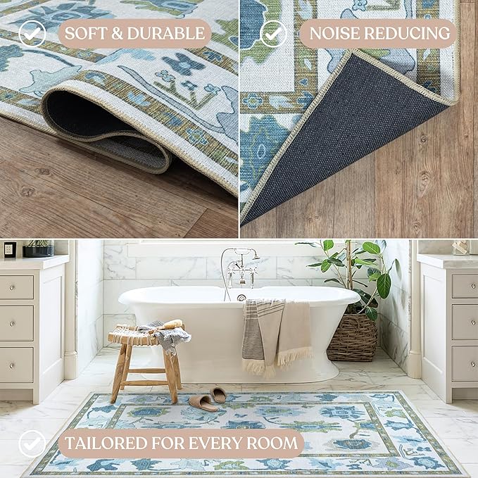 Fame Living Green Oushak Rug, Modern Small Rugs, Vintage, Turkish, Eclectic, Floral, Pastel, Washable, Door Mat, Doormat for Indoor Entrance, Entryway, Kitchen, Bathroom, Bedroom, Laundry, 2'x3'