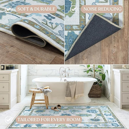 Fame Living Green Oushak Rug, Modern, Vintage, Turkish, Eclectic, Floral, Pastel, Washable, Extra Large Area Rugs for Living Room, Dining, Bedroom, Lounge, 9'x12'