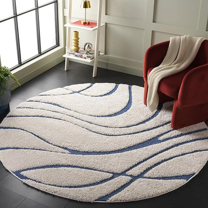 SAFAVIEH Florida Shag Collection Area Rug - 12' Round, Cream & Blue, Non-Shedding & Easy Cleaning, Plush Thick Pile, Ideal for Living Room, Bedroom, Dining Space (SG471-1165)