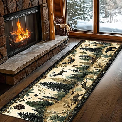 Brown Bohemian Bear Runner Rug 4x12ft with Elk Cabin Pinecone - Foldable Vintage Floor Mat for Farmhouse Decor, Thick Non-Skid Rug Indoor Outdoor Use, Forest Lawn Pattern