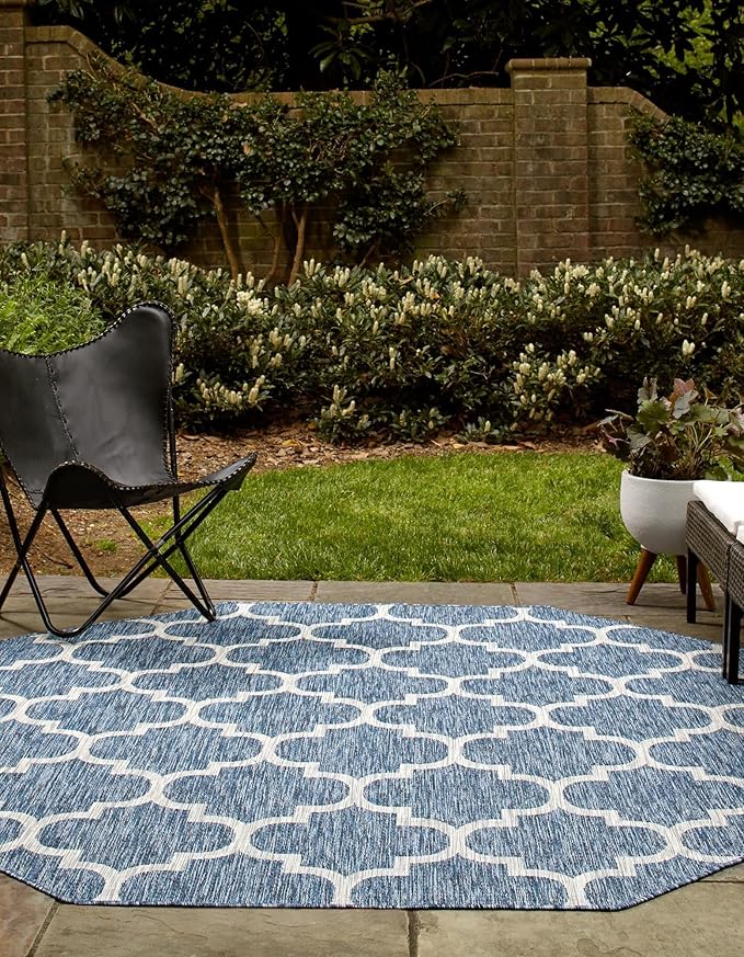 Unique Loom Outdoor Trellis Collection Area Rug - Trellis (Octagon 5' 0" x 5' 0", Navy Blue/ Ivory)