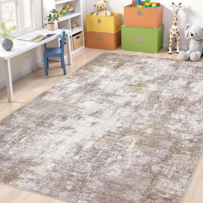 Washable 6X9 Area Rug: Modern Abstract Soft Non-Slip Indoor Rugs Home Decor - Low Pile Stain Resistant Foldable Carpet for Living Room Bedroom Dining Room Playroom(Golden Brown,6'X9')