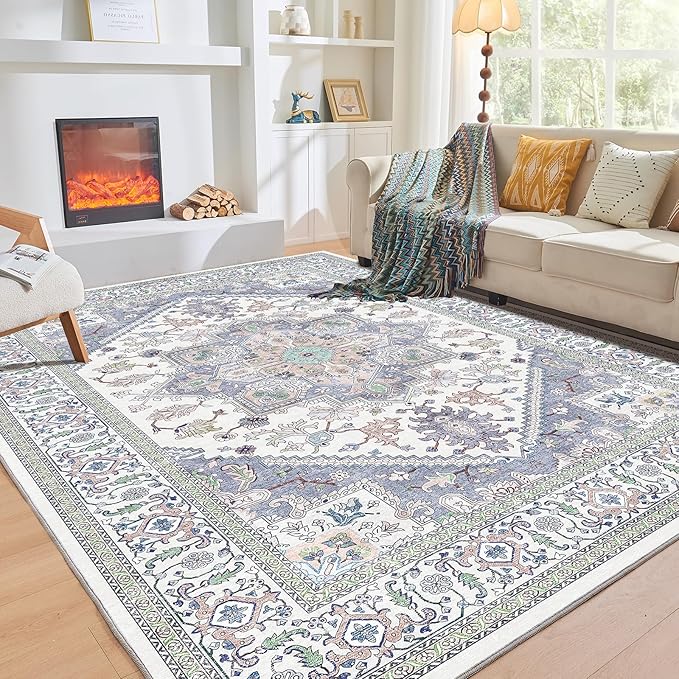 OPPODREAM Thin 6x9 Area Rugs, Washable Rug 6x9 with Non Slip Backing, Faux Cashmere Low-Pile 6 x 9 Carpet, Purple & Green & Cream