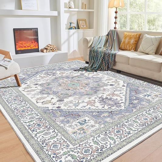 OPPODREAM Thin 6x9 Area Rugs, Washable Rug 6x9 with Non Slip Backing, Faux Cashmere Low-Pile 6 x 9 Carpet, Purple & Green & Cream