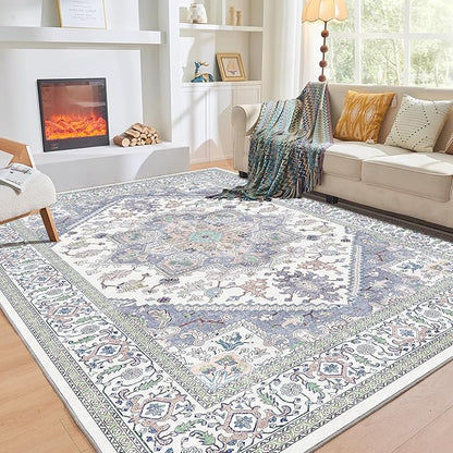 OPPODREAM Thin Area Rugs 4x6, Low-Pile Washable Rugs 4x6 with Non Slip Backing, Faux Cashmere 4 x 6 Throw Carpet, Purple & Green & Cream