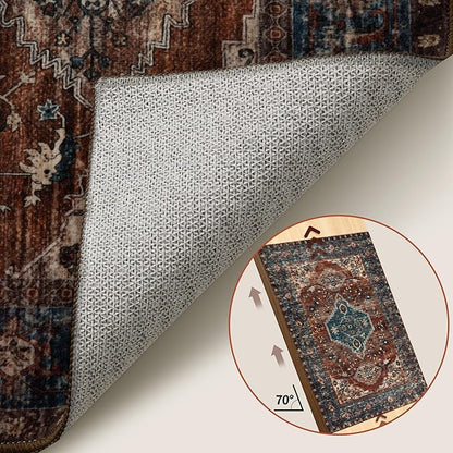 Tangsoo 2.6x8 Washable Runner Rug for Hallways, Non Slip Vintage Runner Rug, Soft Low Pile Long Rug Runner, Print Distressed Carpet Runners for Kitchen Bedroom Entryway Bathroom Living Room