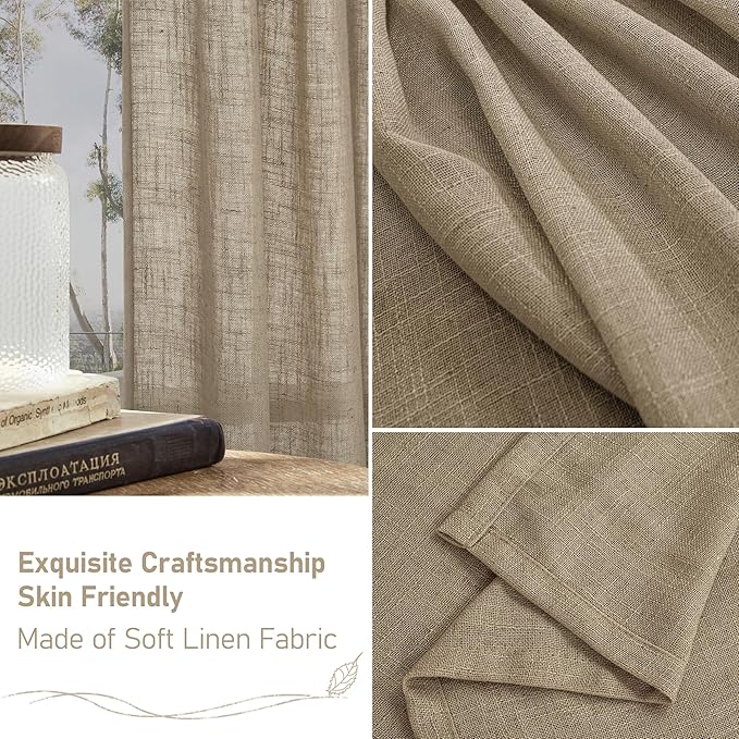 LAMIT 54 Inch Semi Sheer Window Linen Curtains, Light Filtering Panels Back Tab and Rod Pocket Country Decor Drapes for Bedroom/Farmhouse, Taupe, 2 Panels, 34 x 54 Inch