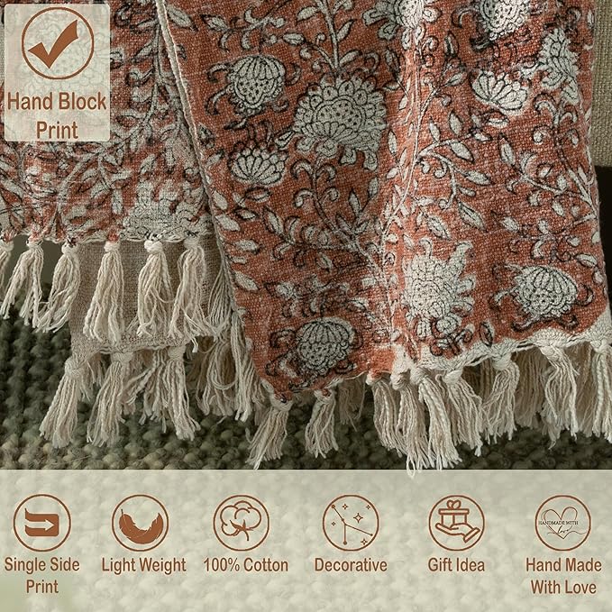 100% Pure Cotton Handblock Printed Throw Blanket, Soft 50" x 60" Fringed Floral Print Throw for Couch, Sofa, Chair, Bed - Cozy, Machine Washable, Comfortable Home Decor