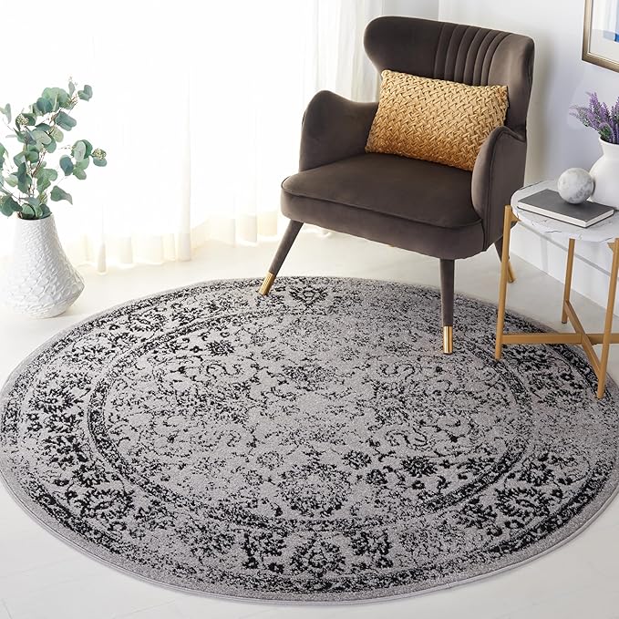 SAFAVIEH Adirondack Collection Area Rug - 8' Round, Grey & Black, Distressed Vintage Floral Design, Non-Shedding & Easy to Clean, Ideal for Living Room, Bedroom, Dining Space (ADR109B)