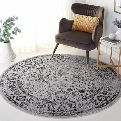SAFAVIEH Adirondack Collection Area Rug - 6' Round, Grey & Black, Distressed Vintage Floral Design, Non-Shedding & Easy to Clean, Ideal for Living Room, Bedroom, Dining Space (ADR109B)