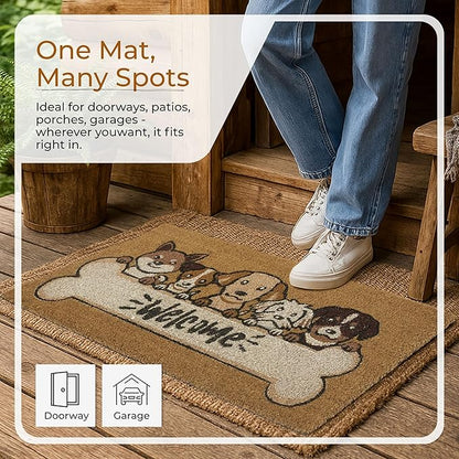 Coir Door Mats 17" X 30", Non-Slip Sturdy, PVC Backed Heavy Duty, Easy to Clean, Ideal for Door Entrance, Patio, Porch, Backyard, Garages, 5 Welcoming Puppies