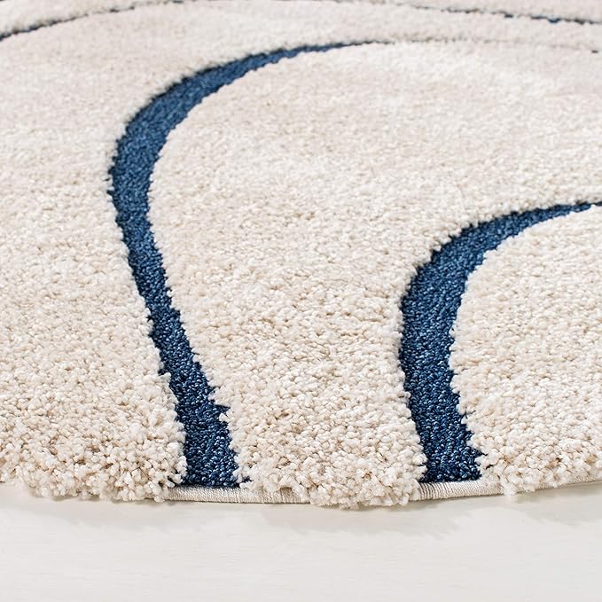 SAFAVIEH Florida Shag Collection 6'7" Round Cream/Blue SG471 Abstract Wave Non-Shedding Living Room Bedroom Dining Room Entryway Plush 1.2-inch Thick Area Rug