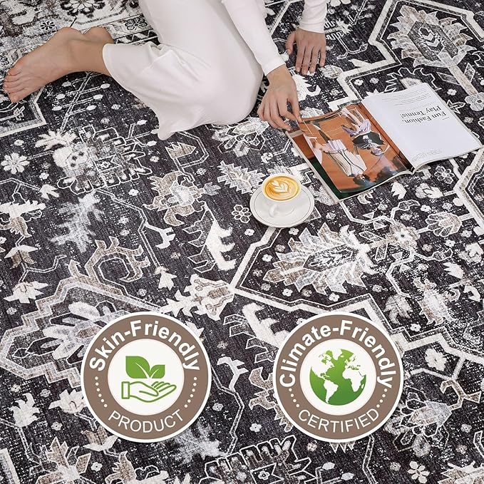Black Rug Living Room Rugs: 8x10 Washable Boho Large Vintage Moody Soft Distressed Oriental Stain Resistant Non-Slip Indoor Floor Carpet for Bedroom Playroom Office Dining Room Retro Home House