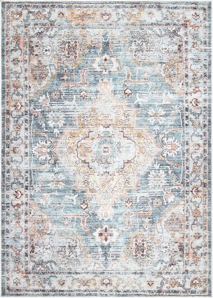Bloom Rugs Washable Non-Slip 5' x 7' Rug - Teal/Peach Traditional Area Rug for Living Room, Bedroom, Dining Room, and Kitchen - Exact Size: 5' x 7'